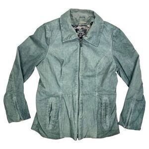 Dennis Basso Leather Moto Jacket Womens Size Medium Sage Green Front Pockets